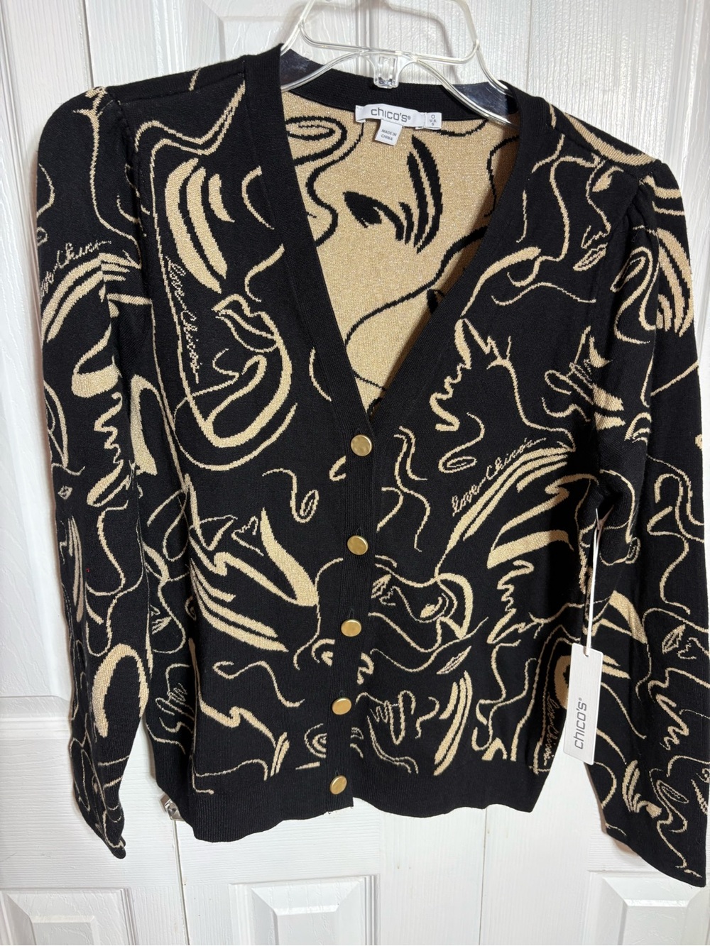 Chico's Black and Beige Abstract V-Neck Button Cardigan